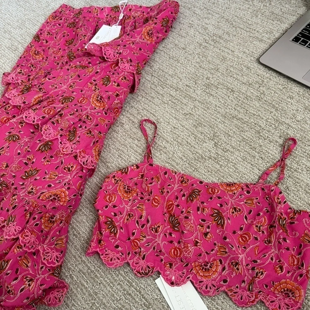 Caroline Constas- NWT Hot Pink Floral Scalloped Matching Tank and Midi Skirt Set